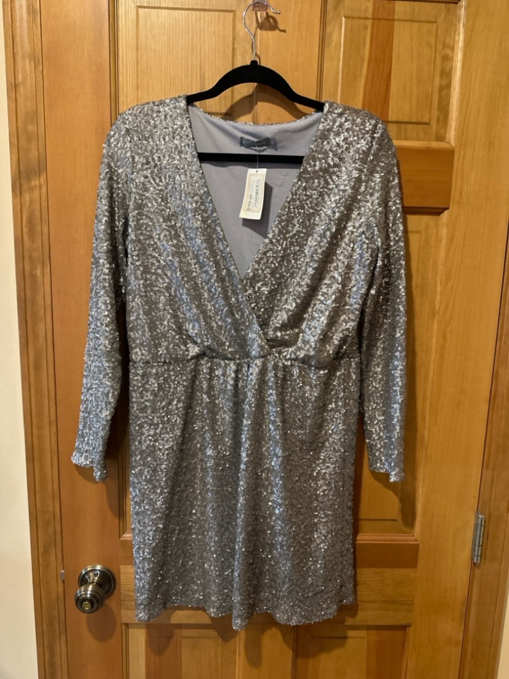 Lexi Drew Silver Sequin Wrap Dress Long Sleeve M/L NWT Glam Party Holiday